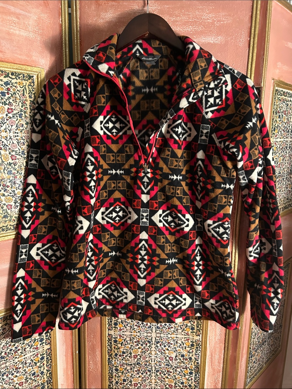 Eddie Bauer Aztec Pattern Half-Zip Teddy Jacket -Red, Brown, Black, White